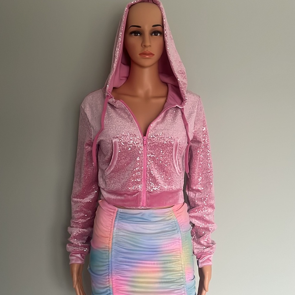 ‼️NWT‼️Dolls Kill X Sugar Thrillz Blushing Wonderland Sequin Hoodie Pink Small - Picture 7 of 7